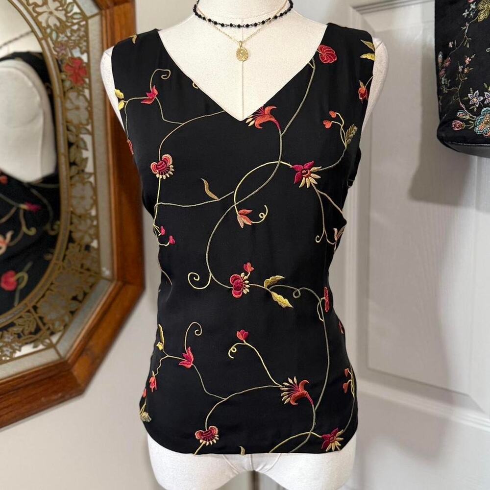 Josephine Chaus Black Silk & Multicolor Floral Embroidered V Neck Dark Fairy Top